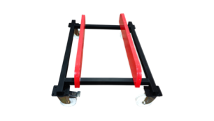 Compact boat dolly with red padded supports and caster wheels.
