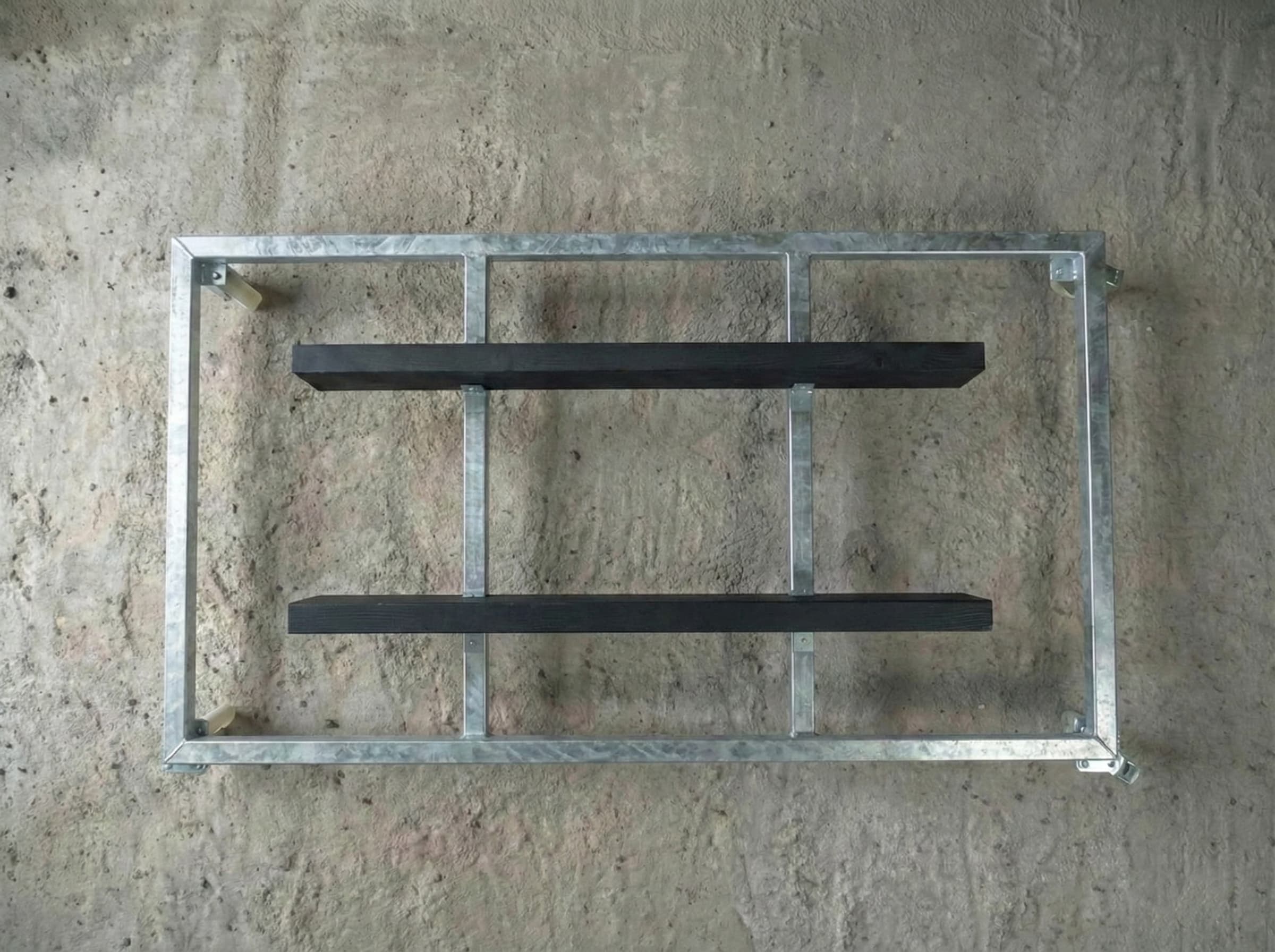 Top view of boat dolly showing parallel polyethylene support beams