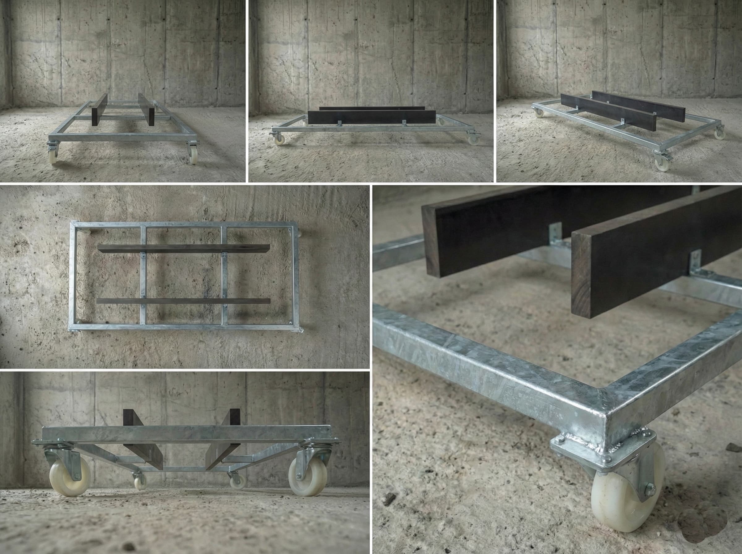 Detail of heavy duty double bearing nylon wheels and polyethylene bunks on Kipac boat dolly