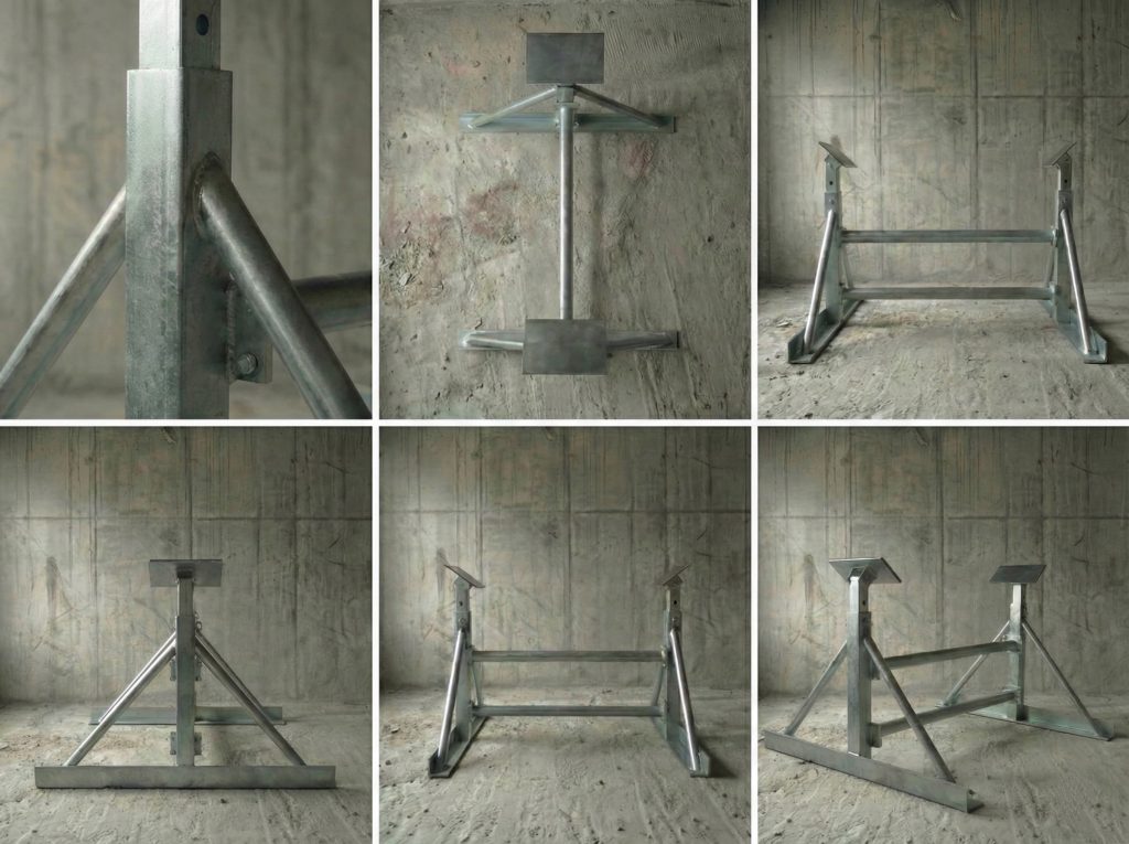 Multiple views of F-Series boat support showing heavy duty welding and adjustment mechanism