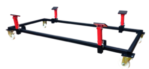 Boat dolly with adjustable supports and caster wheels for easy boat transport.